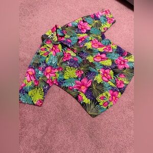 Large vintage tropical floral neon print button t shirt blouse retro Hawaiian